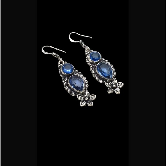 Blue Topaz Handcrafted Long Drop Dangle Earrings 2.08" Made In India New W Tags - Picture 12 of 12